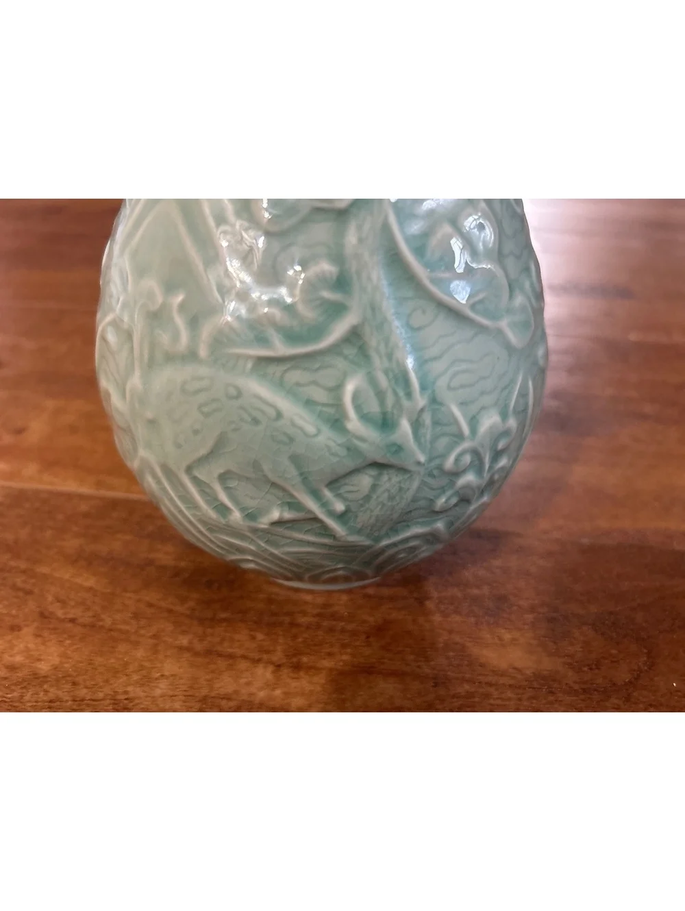Celadon Green Ceramic Vase with Raised Animal and Floral Motifsp